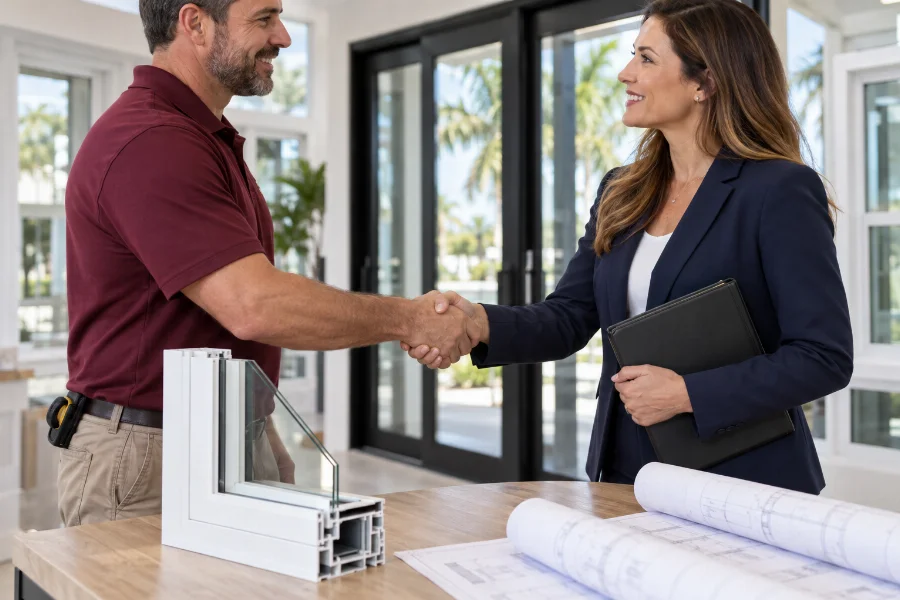 Contractor and dealer shaking hands in a window showroom