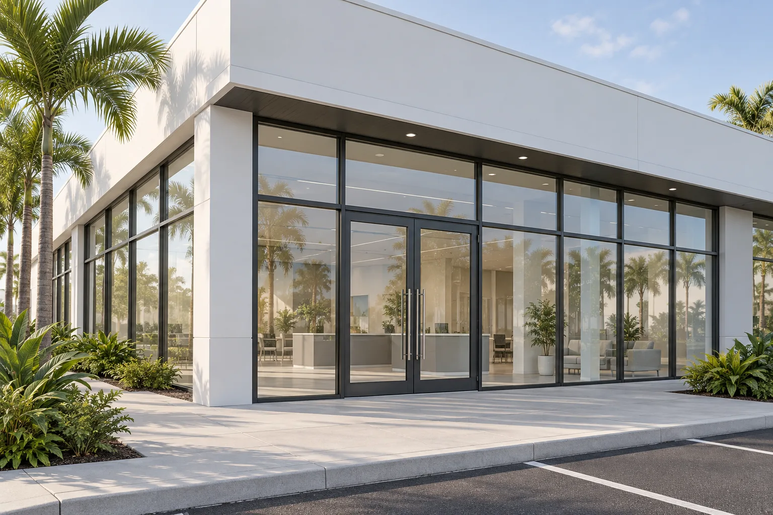 Architectural illustration of a glass commercial storefront with charcoal aluminum framing and double entrance doors