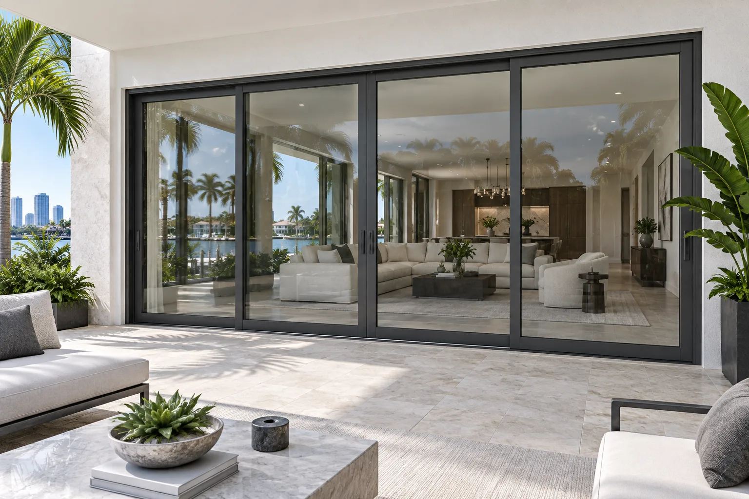 Architectural illustration of charcoal-framed sliding glass patio doors on a Florida home