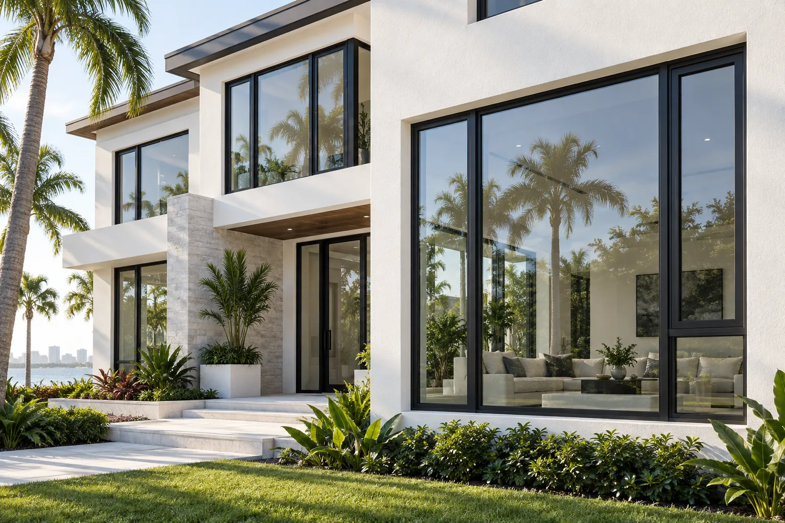 Architectural illustration of a white Florida home with dark-framed fixed and casement windows