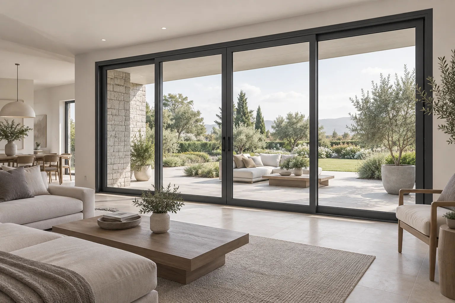 Architectural illustration of a light-filled interior with large charcoal-framed sliding glass doors