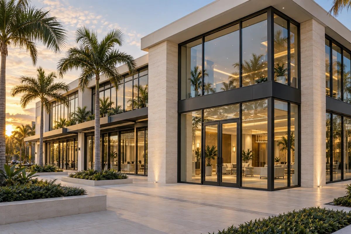 Contemporary commercial building with glass storefronts