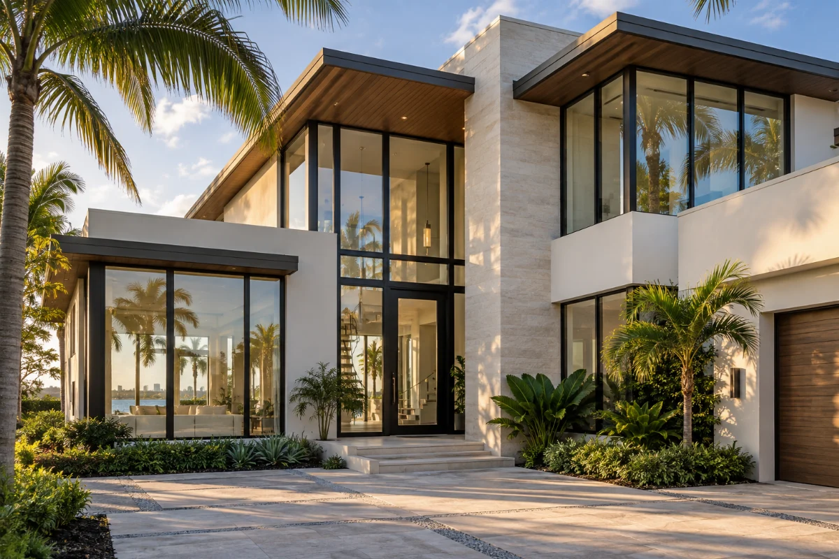 Modern home with expansive glass windows and doors