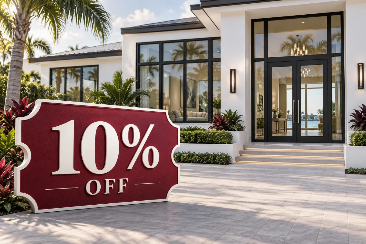 10% off coupon in front of a modern home with glass windows and doors
